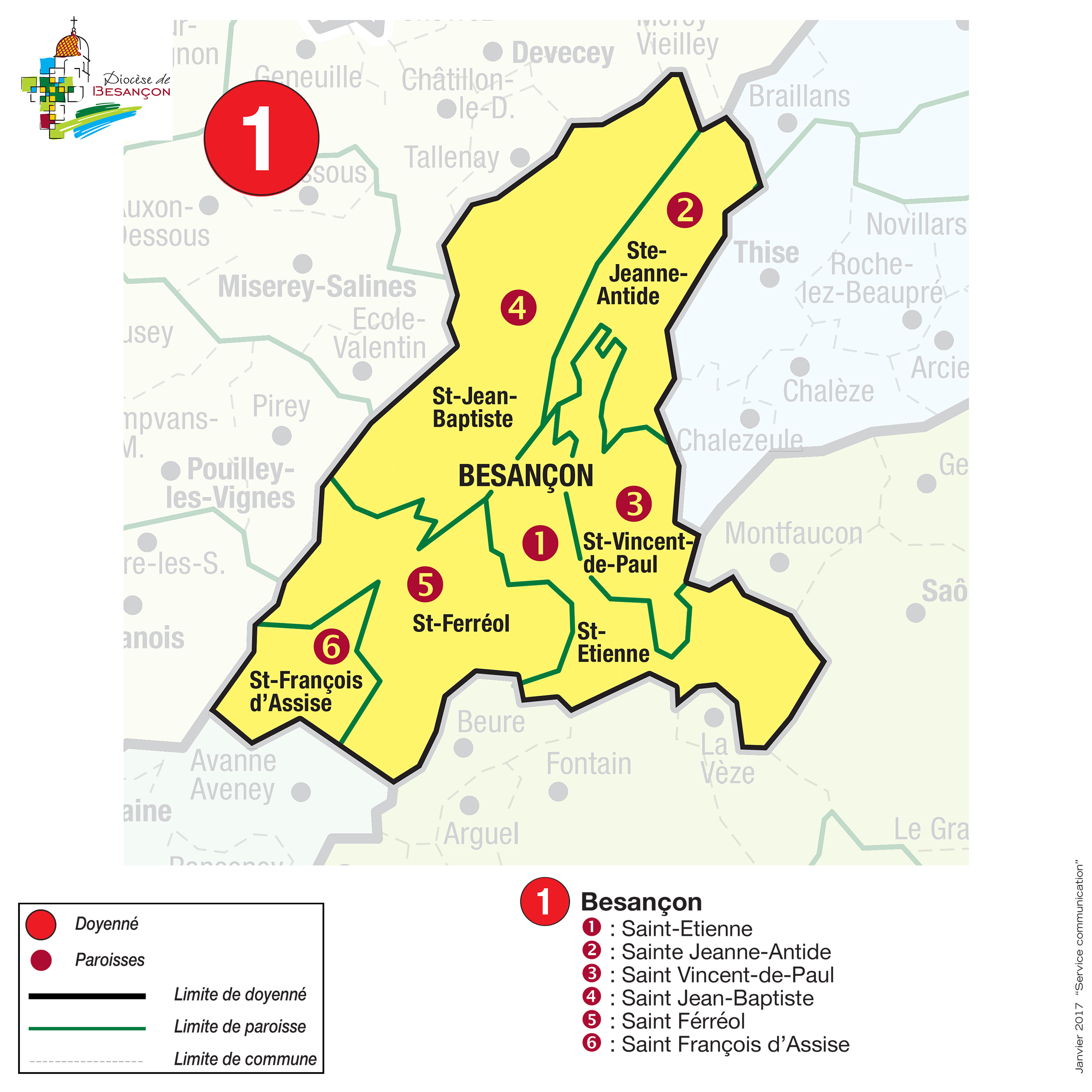 Carte du doyenné de Besançon Carte des paroisses du doyenné de Besançon