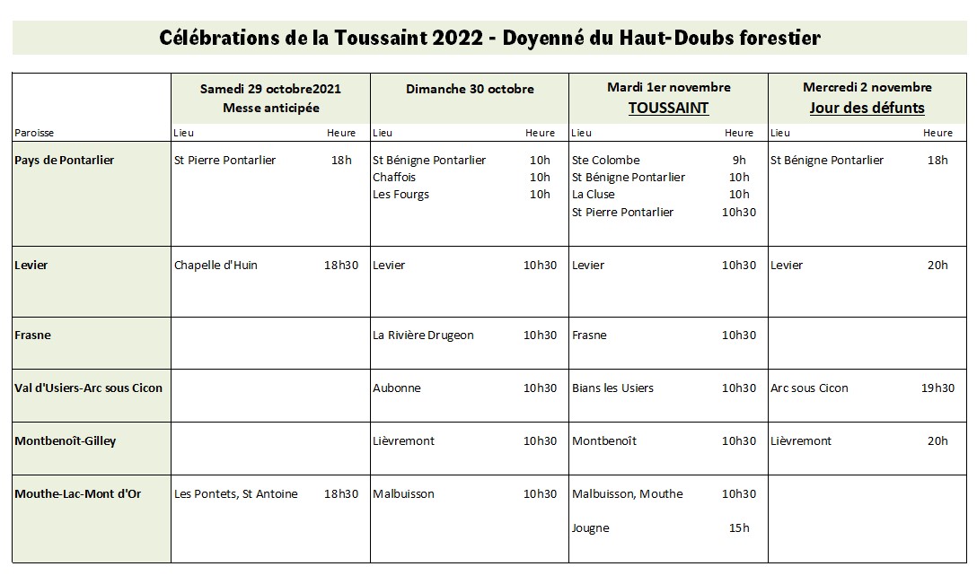 Calendrier des célébrations Toussaint 2022