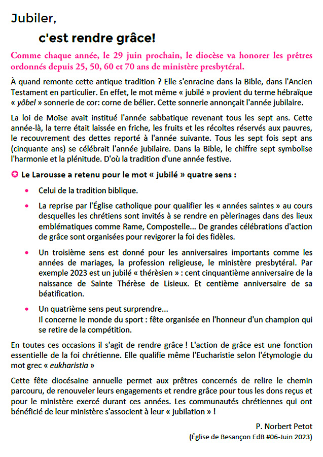 20230629 Jubile Presbyteral N.Petot EdB202306 Jubiler, c'est rendre grâce - P.N-Petot