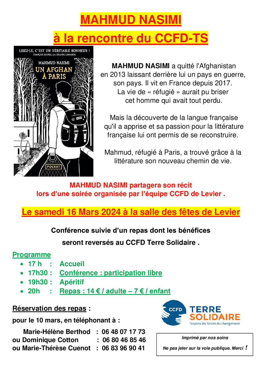20240316 Conference Mahmud Nasimi Flyer 16/03/2024 Conférence-repas à Levier "Mahmud Nasimi à la rencontre du CCFD-Terre Solidaire"