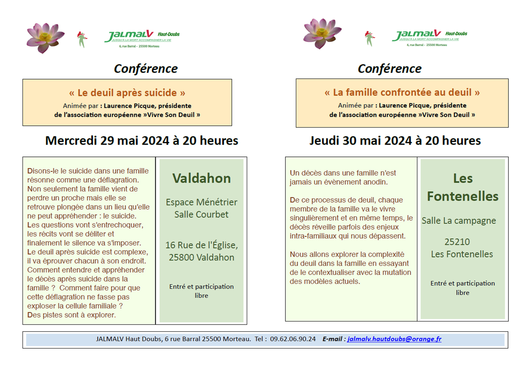 Conférence avec l'association JALMALV "La famille confrontée au deuil" - Affiche 30/05/2024