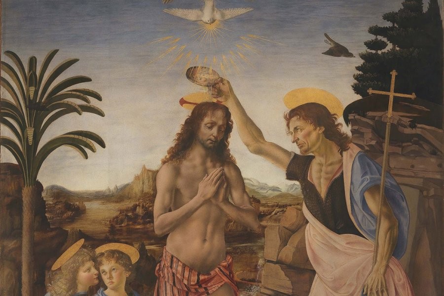 Le Baptême du Christ - Andrea del Verrocchio et Léonard de Vinci (Galerie Uffizi, Florence, Italie)