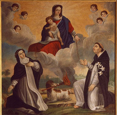 Vierge à l'Enfant remettant le rosaire à st Dominique et ste Catherine de Sienne