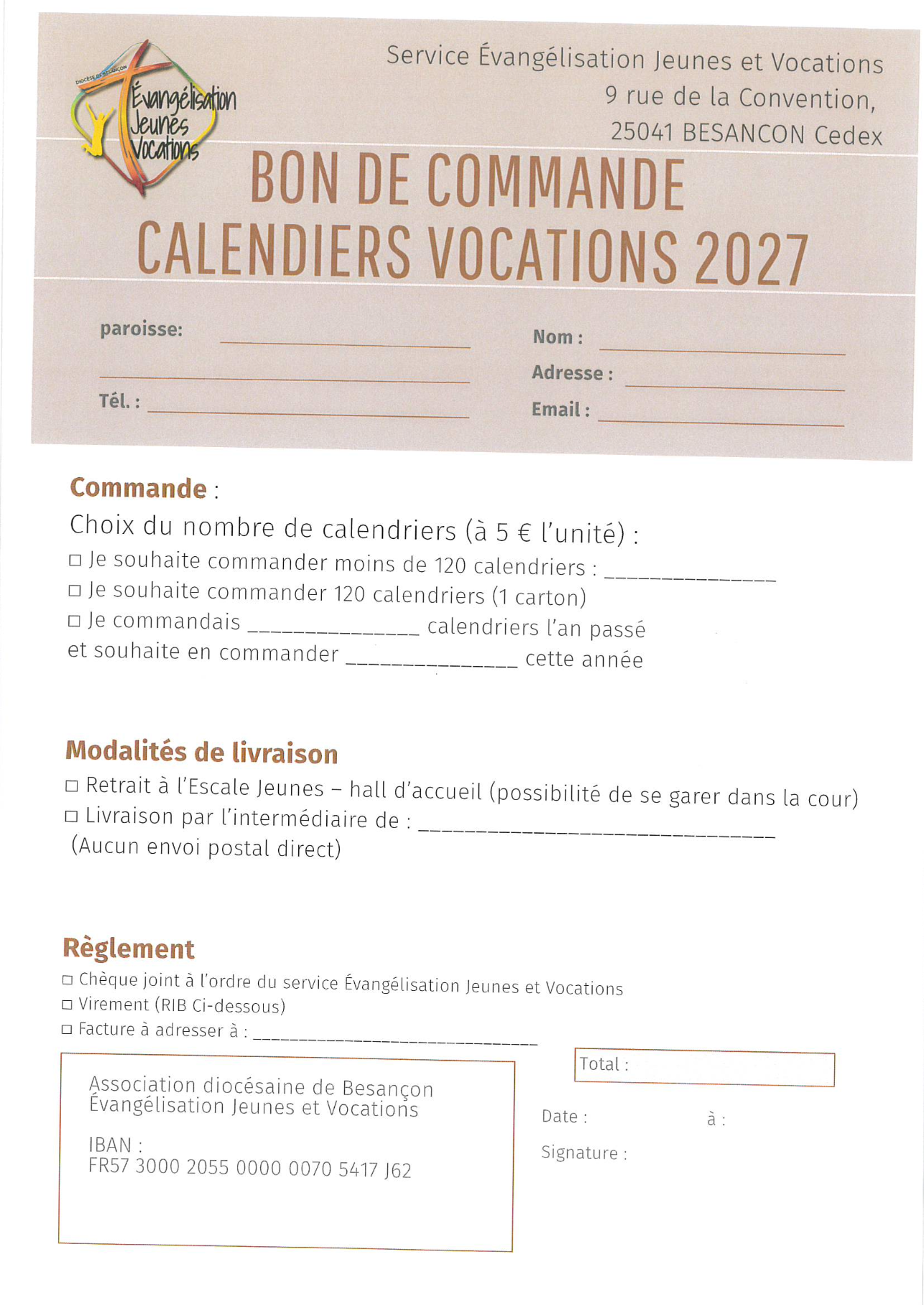 bon de commande calendrier des vocations