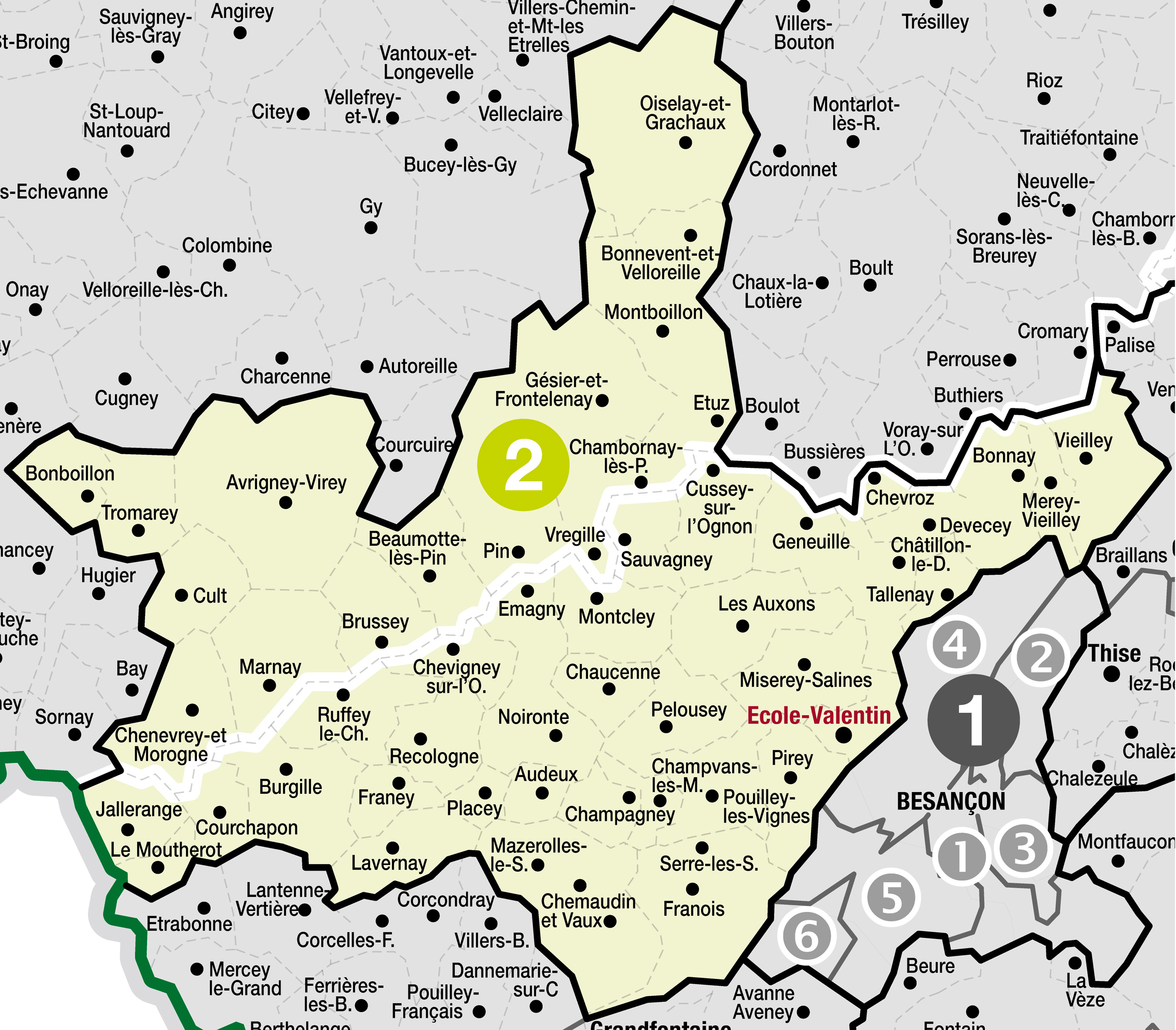 Carte des paroisses du doyenné Banlieue - Val de l'Ognon